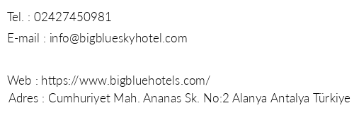 Big Blue Sky Hotel telefon numaralar, faks, e-mail, posta adresi ve iletiim bilgileri